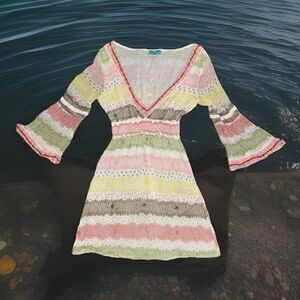 Letarte‎ HANDMADE Silk Bead Sequin Embellished V-Neck Sz M Bell Sleeves Coverup